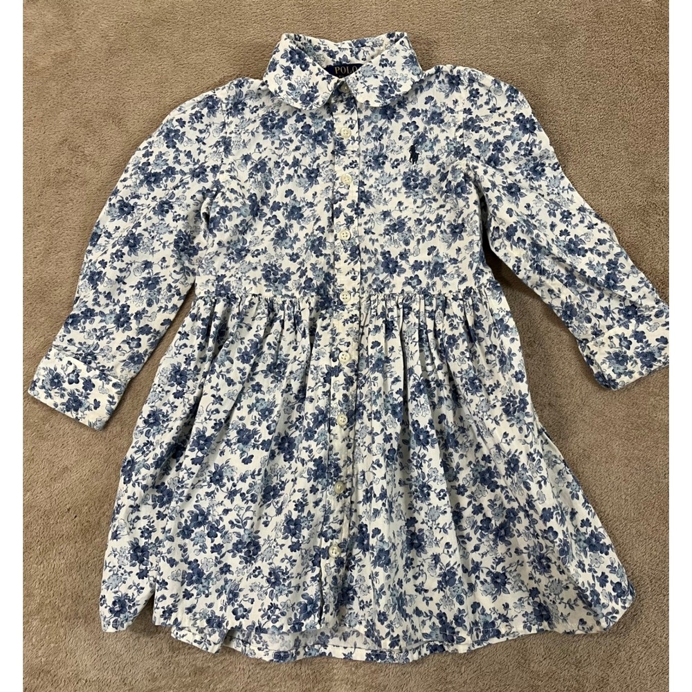 Polo Ralph Lauren Oxford Shirt-Dress Girls 3T White/Blue Floral Cotton L/S GOOD